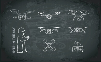 Doodle-style vector of drones with cameras, a remote control, and a drone operatoin on blackboard background