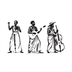 Hand-drawn, black and white vector silhouette illustration of African tribal musicians.  Timeless and elegant aesthetic, emphasizing textured pencil strokes and rough lines. 