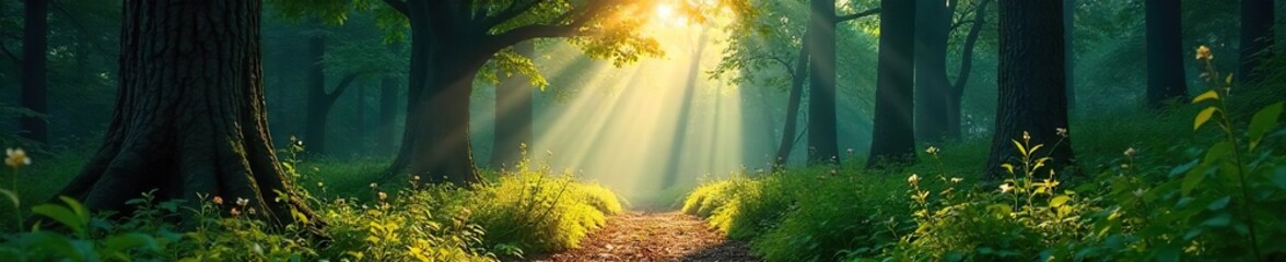 Sunlight filters through the dense canopy of a lush, vibrant forest, illuminating the path ahead The air is still and the scene evokes a sense of tranquility and mystery , canopy, woodland, path
