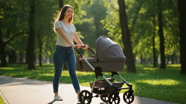 Young woman walking with baby stroller in sunny park during summer  