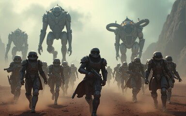 game characters. Action scene with soldiers in armor at war against invading monsters and aliens, science fiction. epic battle. High tech. AI generated image. High quality