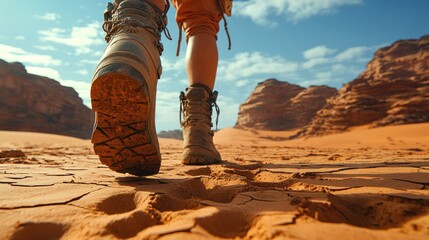 Close-up of hiking boots on cracked desert