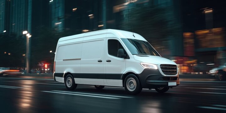 White Cargo Van Driving Through Urban City Street for Delivery and Logistics