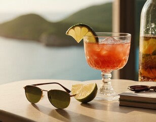 Cocktail and sunglasses on the desk: summer vacations