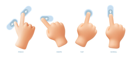 Hand touchscreen phone gestures. 3D pinch, swipe and tap, scroll and zoom finger touch control action for smartphone app, UI and UX. Cartoon realistic soft render vector set