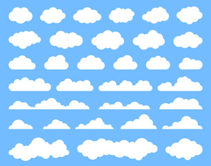 Flat clouds. Simple white cloudy various icons. Cartoon soft fluffy and cumulus clouds in blue sky. Abstract comic weather elements. Cloudscape for game. Vector isolated set