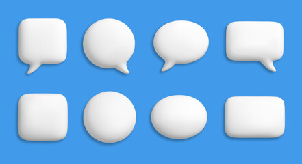 3D white speech bubbles. Buttons, social media chat message icons. Empty text box, comment and dialogue balloon, thought cloud vector isolated set cartoon soft render style