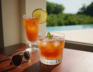 Cocktail and sunglasses on the desk: summer vacations