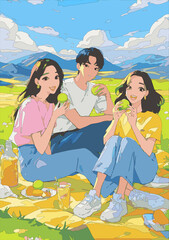 Illustration of three young people enjoying green macarons in the park