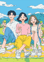 Illustration of three young people enjoying green macarons in the park