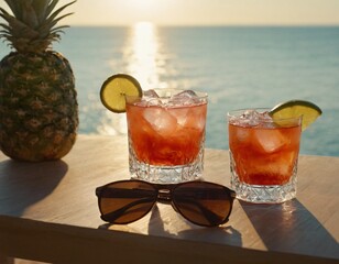 Cocktail and sunglasses on the desk: summer vacations