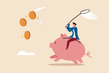 Investor return in stock market investment in financial crisis, money loss in economic collapse or searching for yield concept, investor man riding pink piggy bank catching flying dollar coins money.