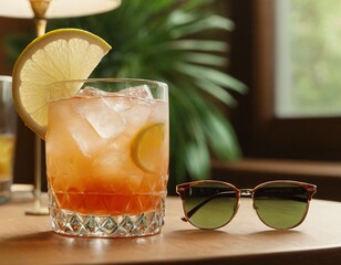 Cocktail and sunglasses on the desk: summer vacations