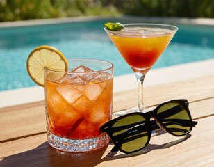 Cocktail and sunglasses on the desk: summer vacations