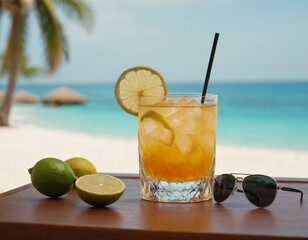 Cocktail and sunglasses on the desk: summer vacations