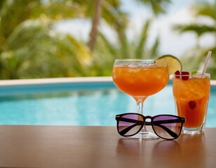 Cocktail and sunglasses on the desk: summer vacations
