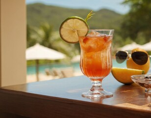 Cocktail and sunglasses on the desk: summer vacations