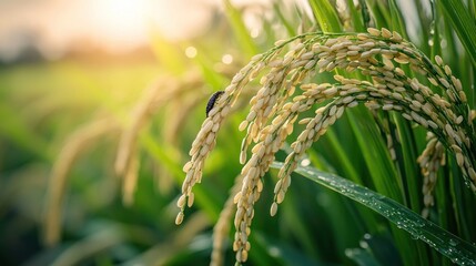 Close-up of ripe rice stalks in a field at sunrise