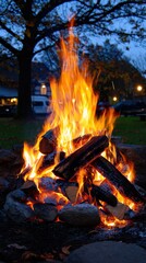 A burning campfire at dusk with glowing embers and logs against a backdrop of trees