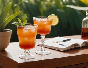 Cocktail and sunglasses on the desk: summer vacations