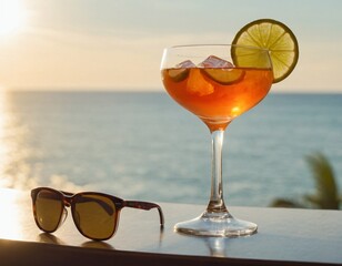 Cocktail and sunglasses on the desk: summer vacations