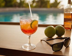 Cocktail and sunglasses on the desk: summer vacations