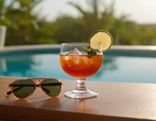 Cocktail and sunglasses on the desk: summer vacations