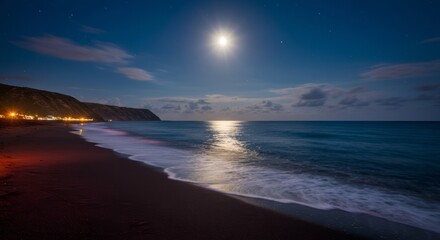 Colorful dark beach at night with moonlight