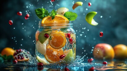 Vibrant fruit and water splash in a jar