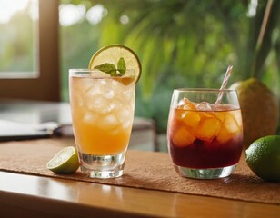 Cocktail and sunglasses on the desk: summer vacations