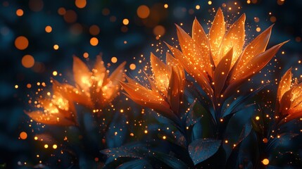 Glowing orange flowers in a dark, magical garden