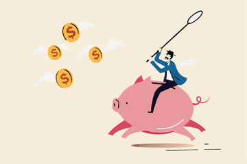Investor return in stock market investment in financial crisis, money loss in economic collapse or searching for yield concept, investor man riding pink piggy bank catching flying dollar coins money.