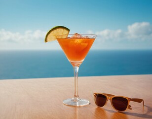 Cocktail and sunglasses on the desk: summer vacations