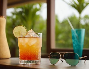 Cocktail and sunglasses on the desk: summer vacations