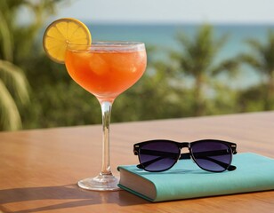 Cocktail and sunglasses on the desk: summer vacations