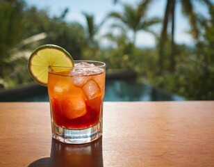 Cocktail and sunglasses on the desk: summer vacations