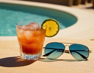Cocktail and sunglasses on the desk: summer vacations