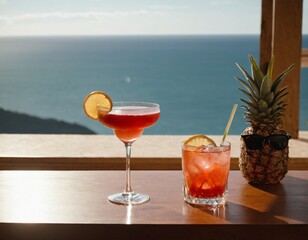 Cocktail and sunglasses on the desk: summer vacations