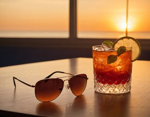 Cocktail and sunglasses on the desk: summer vacations