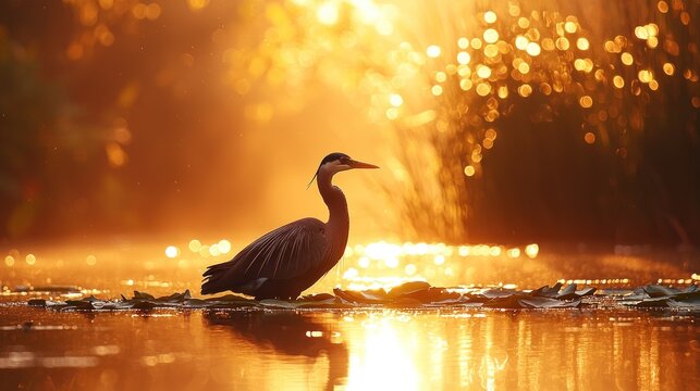 Heron at sunrise on still water, golden light