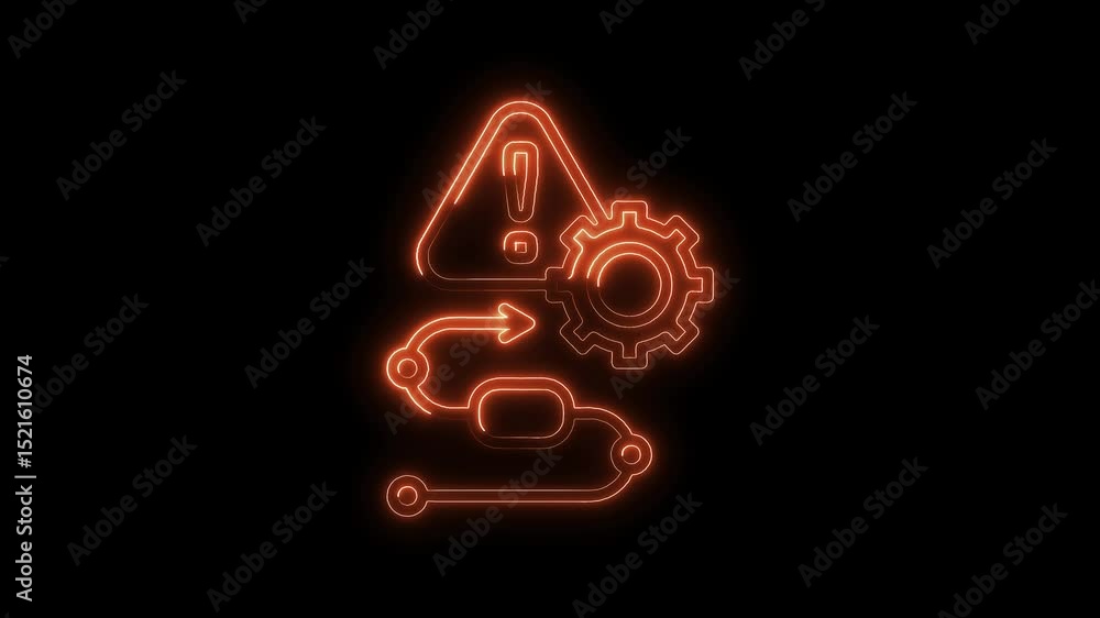 Poster neon flowchart with warning sign and gear symbol animation on black background