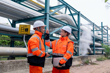 Workers discuss safety measures while inspecting piping at an industrial facility during the day
