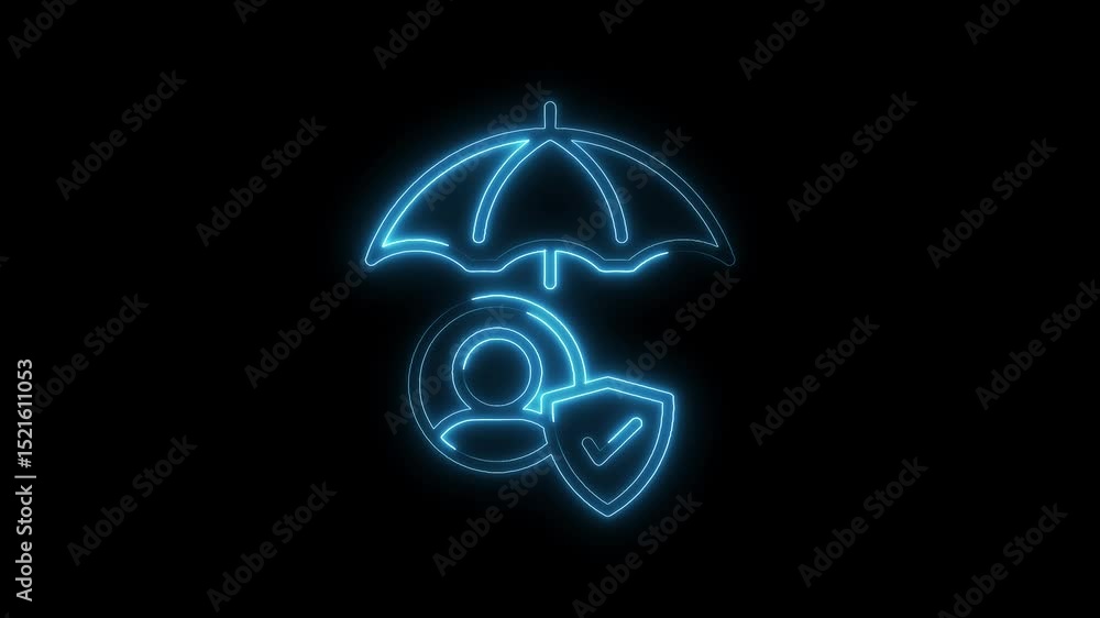 Poster glowing neon style person protected under umbrella with checkmark on shield animation