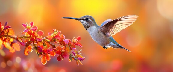 Fototapeta premium Hummingbird in flight near vibrant flowers (1)