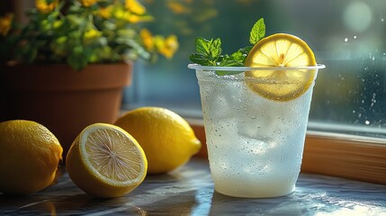 Refreshing lemonade in plastic cup near lemons and flowers by window