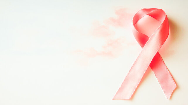 Pink ribbon on white background with pink watercolor clouds, symbolizing breast cancer awareness