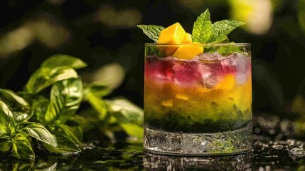 Vibrant layered cocktail, garnished with mint and mango