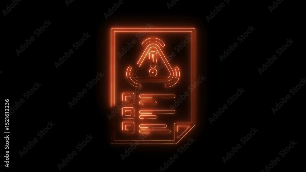 Poster neon document with warning symbol and checklist for risk assessment on black background