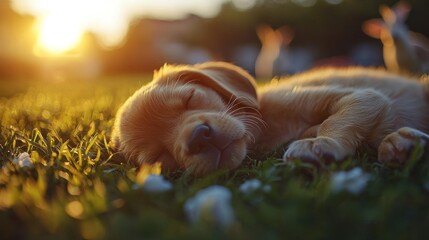 Sleepy puppy resting on grass at sunset
