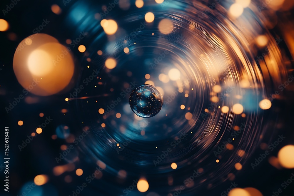 Poster • displaced orbs and light trails float in layered cosmic patterns